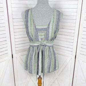Kasper‎ Linen Striped Tie Waist Sleeveless Tank Top Shirt Green Blue 8 Boho